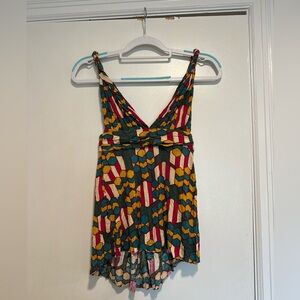 T Bag Women’s XS Colorful Abstract High Low Tank Top Braided Strap Vneck.